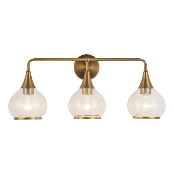 The Hazel vanity light brings early-1900s apothecary elegance to modern bathrooms with flowing clear glass shades and aged gold accents. Its 26-inch width provides ample illumination while the classic design complements both traditional and transitional spaces.