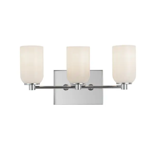 The Nola 18-inch vanity light combines modern minimalism with functional elegance. Its cylindrical opal glass shades and exposed socket design create a sophisticated look perfect for contemporary bathrooms and powder rooms.