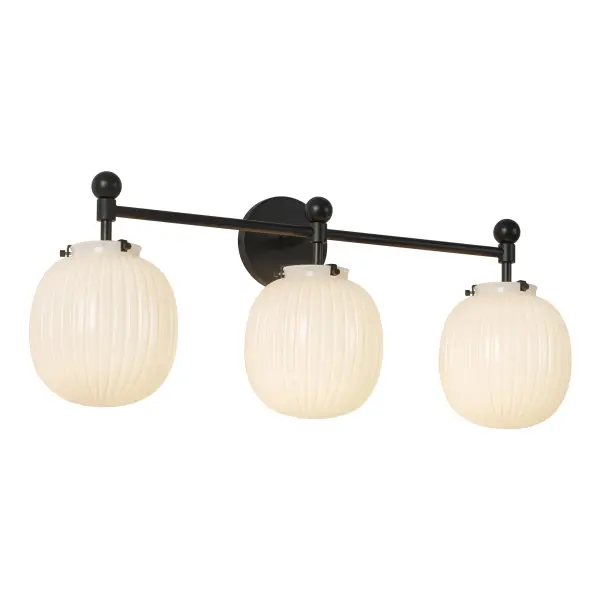 The Cherise vanity light brings 1920s candy shop nostalgia to life with bonbon-shaped ribbed opal glass shades. Its matte black finish and Art Deco styling create a sophisticated focal point while providing soft, flattering illumination.