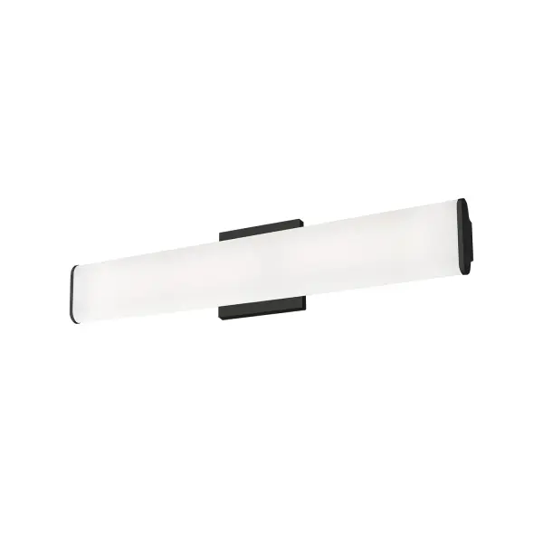 An extruded oblong diffuser surrounds the LED source of the geometric vanity fixture and gently spreads light. Enclosed at the ends by two thick caps the design is characterized by minimal details and clever features. During installation the lamp assembly may slide on the mounting track to allow for ideal positioning. Adding to the versatile function are the multiple fixture lengths and mounting orientations. Optional installation without backplate for smaller junction boxes. Collection: Ferguson Sub-Brand: KUZCO Finish: Black Glass: White Acrylic Diffuser Width: 24.00" Height: 4.00" Weight: 2.50 lb Extension from Wall: 1.88" Canopy: W4.5" x H4.5" x E0.25" Maximum Wattage: 31.00 W Bulb Type: Module Bulb Base: AC Light Source: LED Light Output: 2400.00 lm Delivered Lumens: 1420.00 lm Color Temperature: 3000 K CRI: 90 Rated Average Life: 50,000 Voltage: 120.00 V Material: Aluminum + Acrylic Country of Origin: China Safety Listing: ETL Safety Rating: Damp Energy Star ADA Title 24 LED Manufacturer Warranty: 5 Years Spec Sheet Instructions