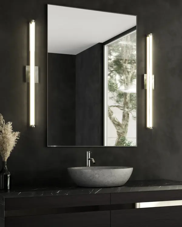 The Plymouth 24-inch vanity light combines contemporary design with practical functionality. Its round linear LED element on a rectangular base delivers warm 3000K lighting through a frosted cover, perfect for bathroom vanities and powder rooms. - alternate view