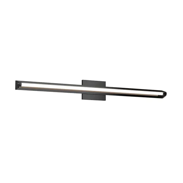 The Plymouth vanity light combines modern design with practical functionality. Its 37-inch linear profile features round lighting elements on a rectangular base with frosted polycarbonate diffuser for even, glare-free illumination. - alternate view