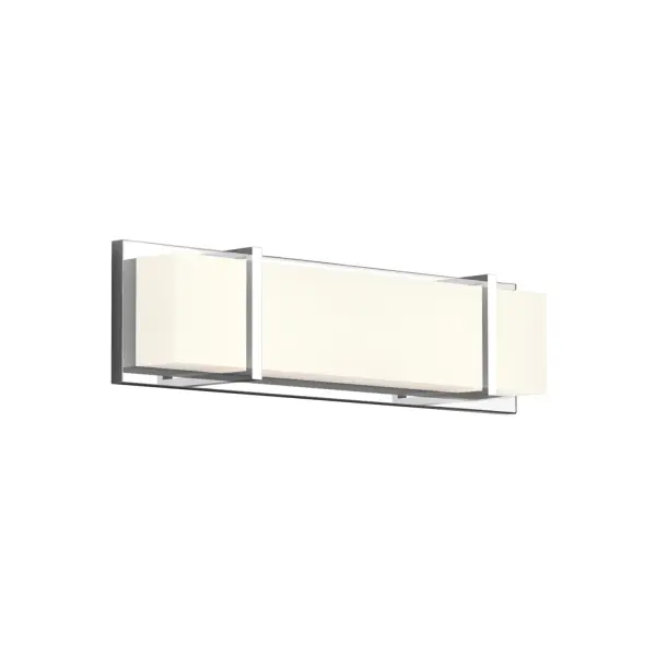 The Alberni vanity light combines clean contemporary design with practical functionality. Its orthogonal steel structure and opal acrylic diffuser provide even up-and-down lighting, while flexible mounting options suit various spaces.