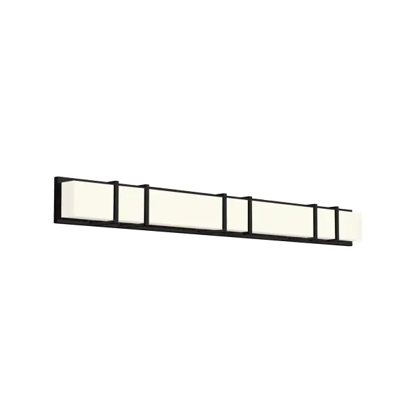 The Alberni vanity light combines modern orthogonal steel design with warm LED illumination. Its 50-inch width and up/down lighting make it ideal for large bathroom vanities, offering versatile mounting options and energy-efficient performance. - alternate view