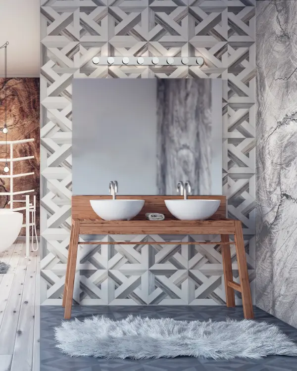 The Edna 36-inch vanity light combines modern architectural design with practical LED illumination. Its bold metal finish and clean rod design create a sophisticated statement in bathrooms and hallways. - alternate view