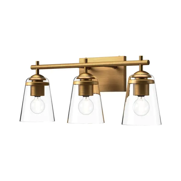 The Addison vanity light combines modern geometric metal framing with classic curved clear glass shades, creating a versatile fixture that bridges traditional and contemporary styles perfectly for bathroom vanities.