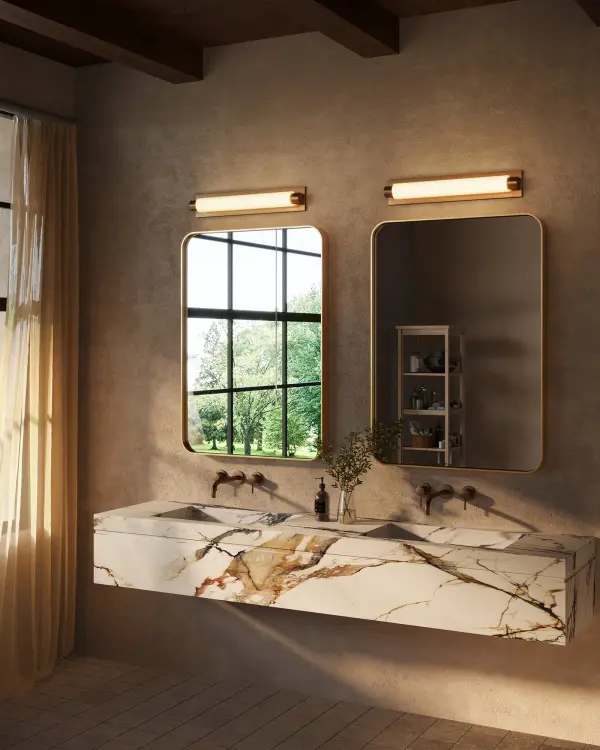The Charleston 24-inch vanity light combines modern design with practical LED technology. Featuring cylinder-shaped white opal glass shades and black metal details, it delivers warm 3000K lighting perfect for bathroom tasks. - alternate view