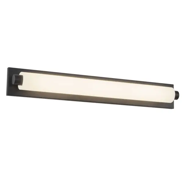 The Charleston 30-inch vanity light combines modern design with integrated LED technology, featuring cylinder-shaped white opal glass shades and sleek black metal details. Perfect for bathrooms and powder rooms.