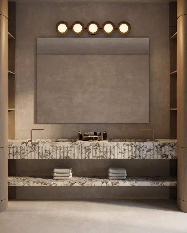 The Cleo 36-inch vanity light combines oversized opal diffusers with elegant circular disc shades for a sophisticated, glare-free lighting experience. Integrated LED technology and versatile mounting make it ideal for modern bathrooms. - alternate view