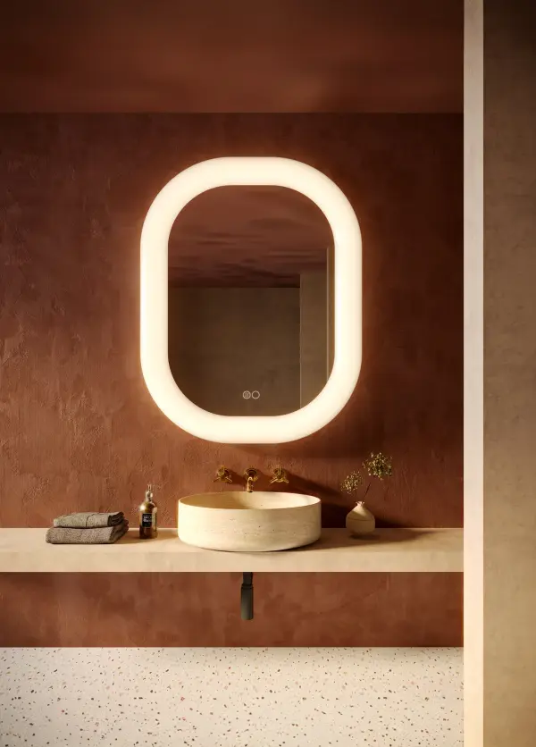 The Float 37-inch vanity mirror combines sophisticated frosted bubble frame design with practical smart features including five color temperature settings, dimming, and de-fog capability for ultimate bathroom versatility. - alternate view