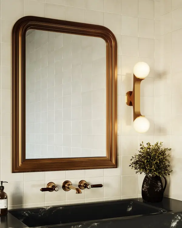 The Briar Wall Sconce by Mark Choi delivers sophisticated simplicity with clean geometric lines, heavy metal arms, and soft opal glass diffusers. Its versatile horizontal or vertical mounting makes it ideal for bathrooms and hallways. - alternate view