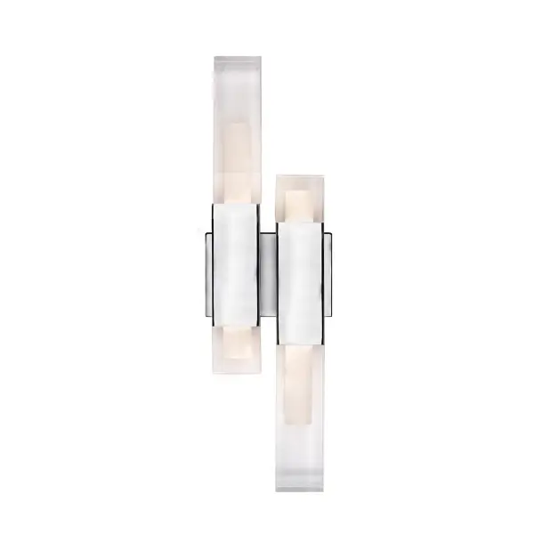 The Martelo wall sconce combines polished chrome bars with quartz-like acrylic ends for a striking contemporary look. Integrated LED technology provides warm white illumination from both ends, creating ambient lighting perfect for bathrooms and hallways.