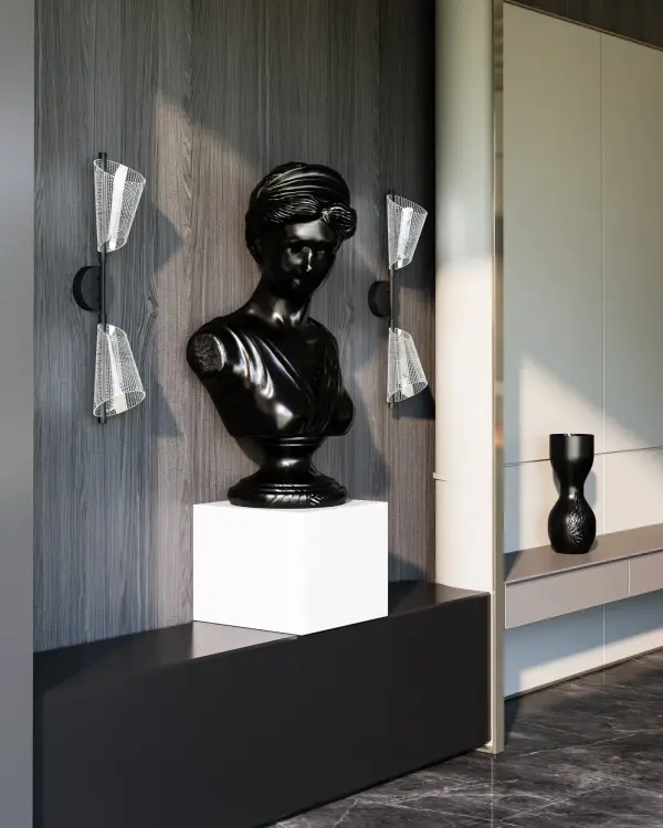 The Mulberry wall sconce reimagines classic shapes with contemporary edge-lit acrylic shades and minimal forged bodies. Integrated 3000K LED provides warm, modern illumination perfect for bathrooms and hallways. - alternate view