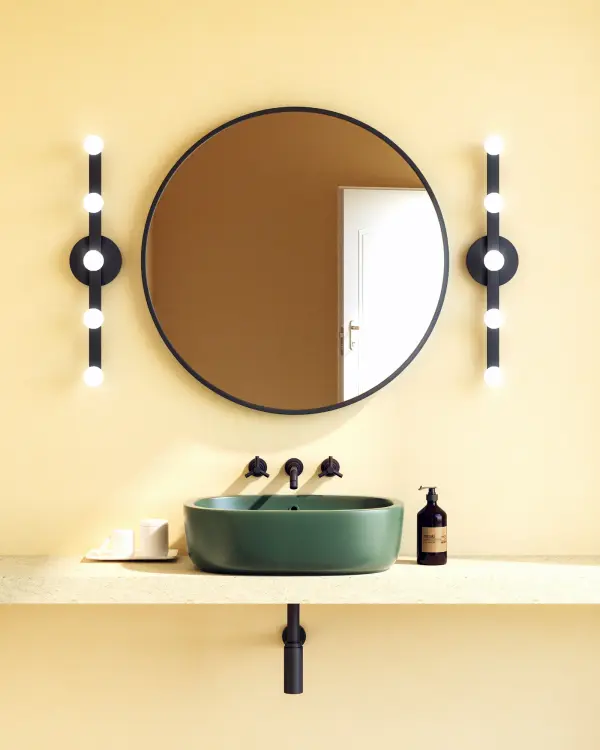 The Rezz 24-inch wall sconce reimagines classic Hollywood style with contemporary flair. Featuring elegant opal glass diffusers on a sleek brushed nickel frame, this integrated LED fixture delivers warm, dimmable lighting perfect for bathrooms and beyond. - alternate view