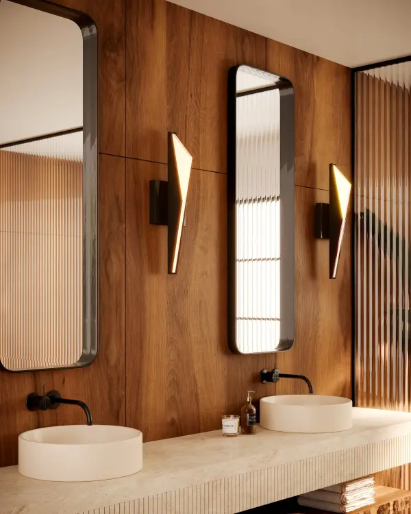 The Tachi wall sconce brings geometric sophistication with Japanese blade-inspired design. Features integrated LED with light guide technology and frosted acrylic diffusers for even illumination. Versatile mounting and dimmable functionality. - alternate view