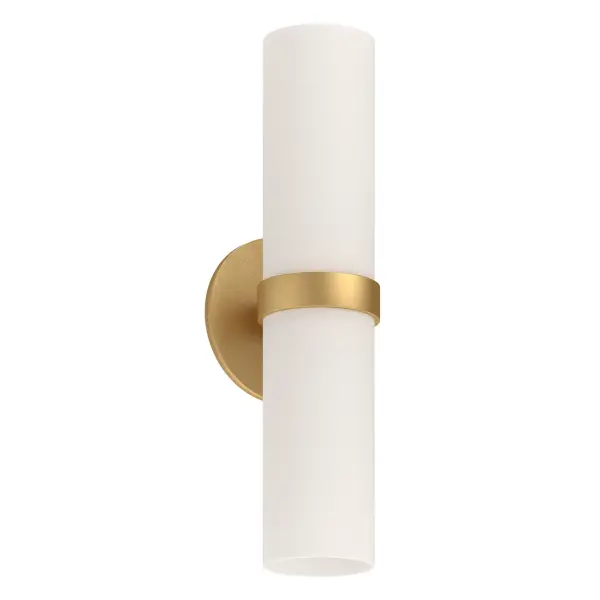 The Milano wall sconce features a 9-inch opal glass cylinder that conceals integrated LED lighting for ambient, hotspot-free illumination. Its brushed gold finish and minimalist design make it versatile for bathrooms, hallways, and modern interiors.