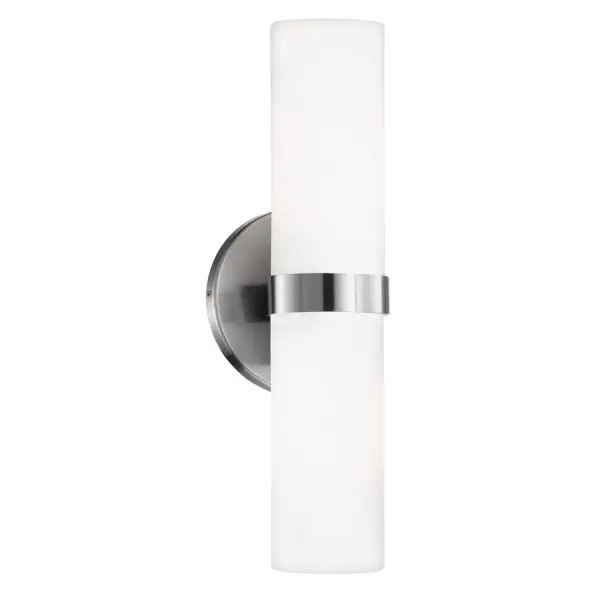 The Milano wall sconce features a 9-inch opal glass cylinder that conceals integrated LED lighting for ambient, hotspot-free illumination. Its brushed gold finish and minimalist design make it versatile for bathrooms, hallways, and modern interiors. - alternate view