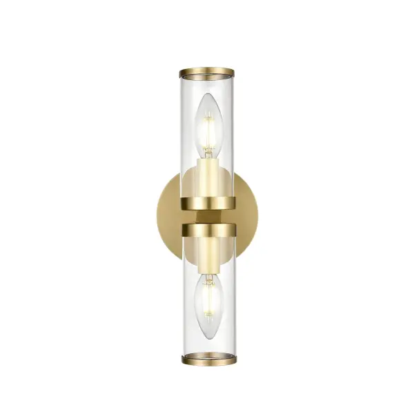 The Revolve vanity light brings timeless elegance to bathroom and powder room spaces with its clear glass tubes and decorative metal rings. The Natural Brass finish adds warmth while the transitional design bridges traditional and contemporary styles.