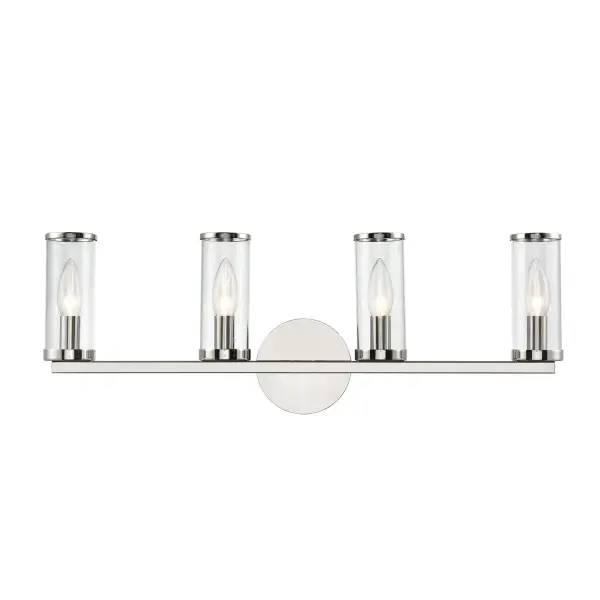 The Revolve vanity light combines vintage candle-holder aesthetics with modern functionality. Clear glass tubes with metal ring accents create sophisticated illumination perfect for bathrooms and powder rooms. - alternate view