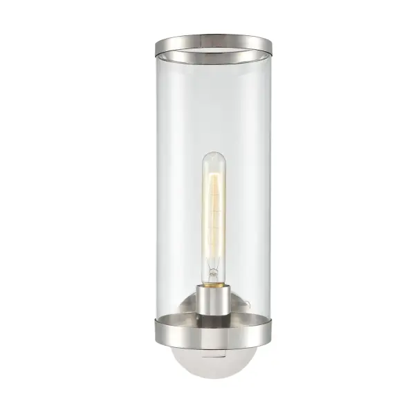 The Revolve II combines classic elegance with modern design through dramatic oversized clear glass shades and polished nickel finish. Perfect for bathrooms and powder rooms, this 16-inch fixture offers versatile mounting options.