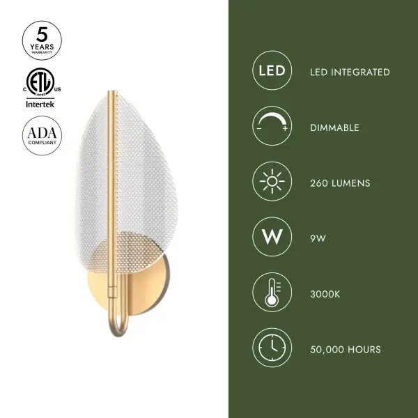 The Flora vanity light combines nature-inspired design with Art Deco sophistication. Edge-lit acrylic leaves create a stunning visual effect around a warm Natural Brass frame. Integrated LED provides energy-efficient illumination. - alternate view