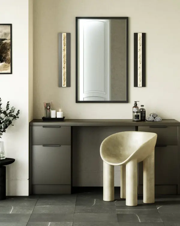 The Kismet vanity light combines classic elegance with modern LED technology. Featuring stunning ribbed alabaster panes and forged metal frames, it creates an ambient glow perfect for bathrooms and entryways. - alternate view