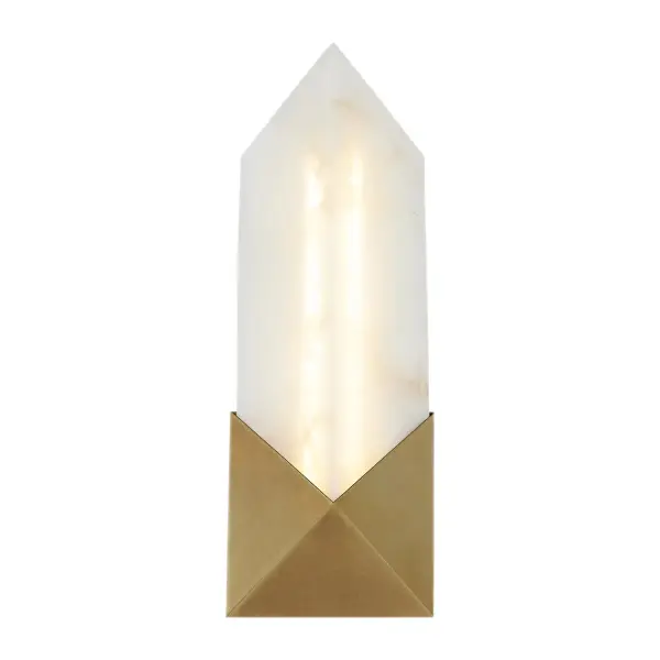The Caesar vanity light combines bold geometric design with luxurious alabaster shades and vintage brass finish. Perfect for bathrooms and powder rooms, this 12-inch fixture features integrated LED lighting with warm 3000K color temperature.