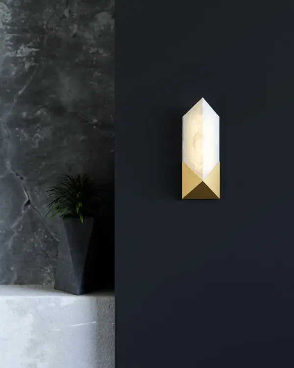 The Caesar vanity light combines bold geometric design with luxurious alabaster shades and vintage brass finish. Perfect for bathrooms and powder rooms, this 12-inch fixture features integrated LED lighting with warm 3000K color temperature. - alternate view