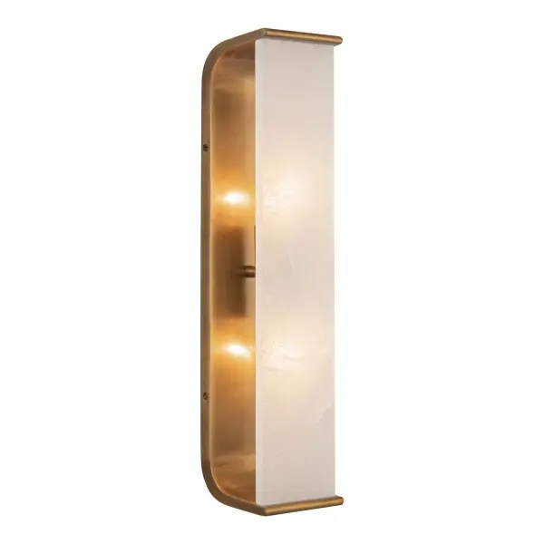 The Abbott vanity light combines organic curved metal with natural alabaster stone for a sophisticated, feminine aesthetic. Perfect for bathrooms and powder rooms, its transitional design bridges traditional and modern styles.