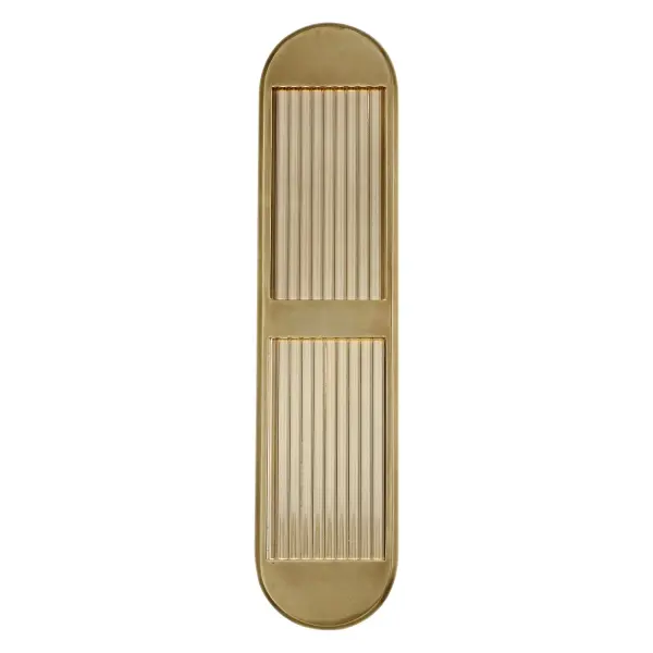 The Palais vanity light combines Art Deco elegance with contemporary functionality. Its curved solid brass frame and luxe ribbed acrylic elements create sophisticated illumination perfect for bathrooms and entryways.