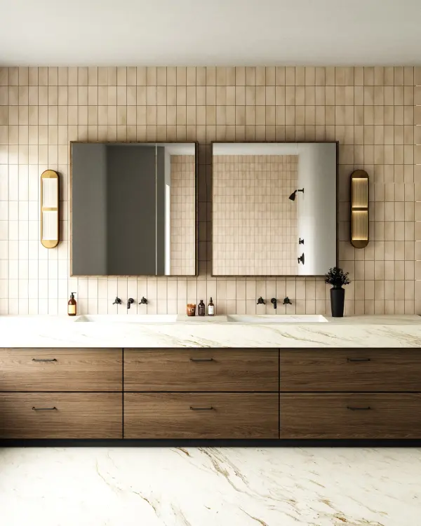 The Palais vanity light combines Art Deco elegance with contemporary functionality. Its curved solid brass frame and luxe ribbed acrylic elements create sophisticated illumination perfect for bathrooms and entryways. - alternate view