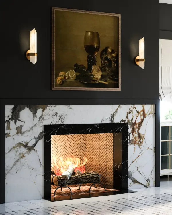 The Valencia vanity light showcases stunning natural alabaster stone in a sculptural diamond shape, creating both functional lighting and artistic ambiance. Each piece features unique veining patterns, making it truly one-of-a-kind. - alternate view