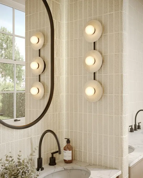 The Dahlia collection brings organic elegance to bathroom and hallway spaces with its stunning ribbed alabaster plates and delicate opal glass pearls. Each piece features unique natural veining, creating diffused mood lighting perfect for luxury interiors. - alternate view