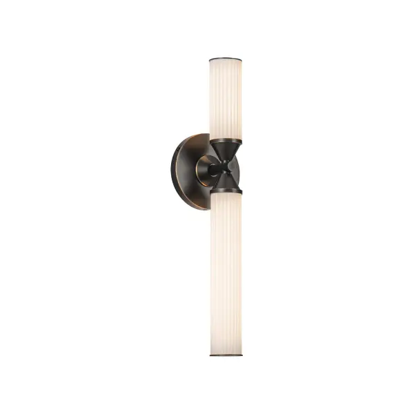 The Edwin vanity light combines glamorous Art Deco design with integrated LED efficiency. Ribbed frosted glass and urban bronze finish create timeless sophistication perfect for bathrooms and hallways.