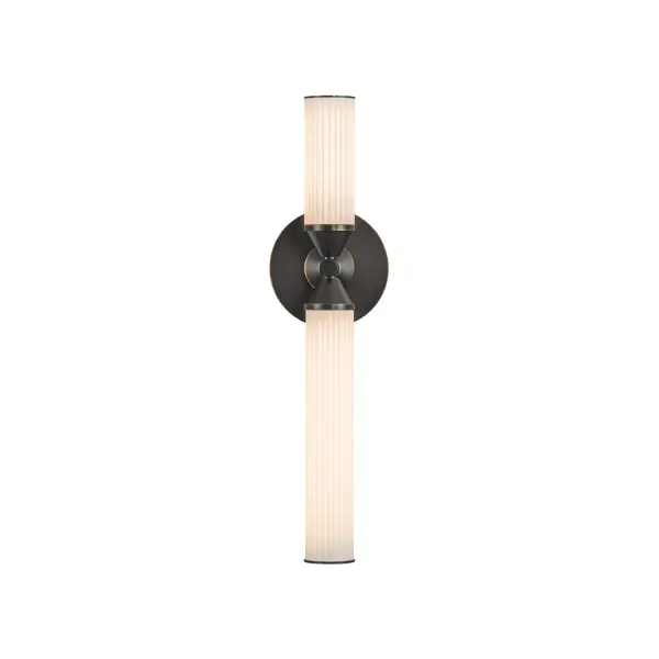 The Edwin vanity light combines glamorous Art Deco design with integrated LED efficiency. Ribbed frosted glass and urban bronze finish create timeless sophistication perfect for bathrooms and hallways. - alternate view