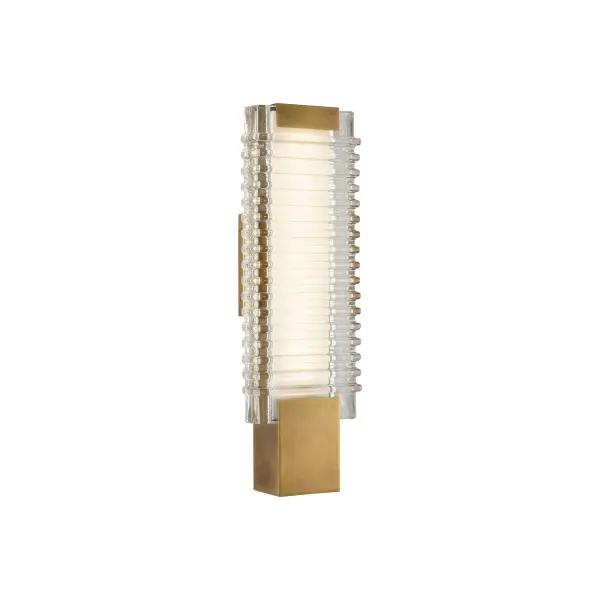 The Alai vanity light brings coastal elegance to any space with its distinctive ribbed glass design that mimics gentle ocean waves. Featuring warm 2700K integrated LED lighting and vintage brass finish, it's perfect for bathrooms and powder rooms.