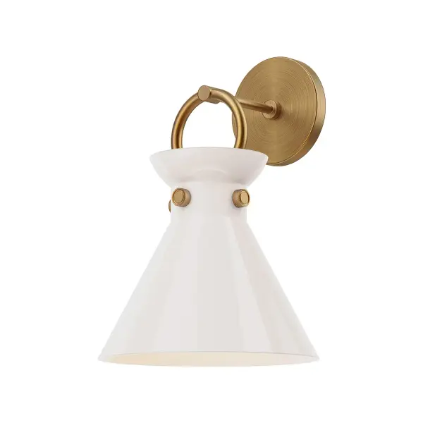 The Emerson 9-inch vanity light brings handsome metallic details and cottage charm to bathrooms and hallways. With mix-and-match shade options and aged gold finish, it adapts to eclectic or traditional spaces with ease. - alternate view