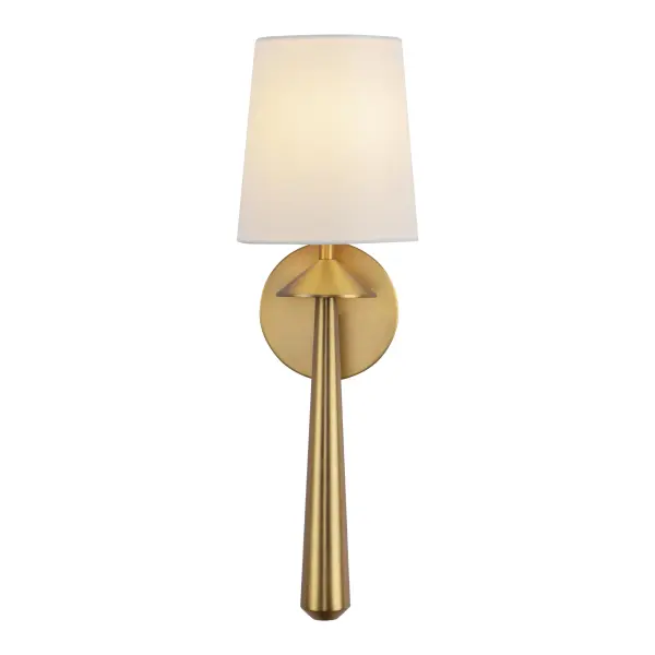 The Bridgette 6-light vanity fixture combines striking geometric triangular silhouettes with soft white linen shades, creating a perfect balance of modern edge and warm ambiance. Ideal for larger vanities and spaces needing ample lighting.