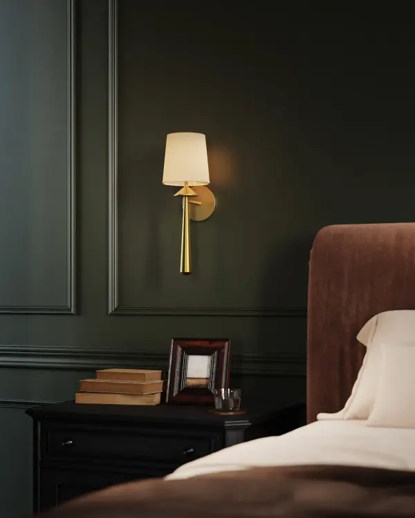 The Bridgette 6-light vanity fixture combines striking geometric triangular silhouettes with soft white linen shades, creating a perfect balance of modern edge and warm ambiance. Ideal for larger vanities and spaces needing ample lighting. - alternate view