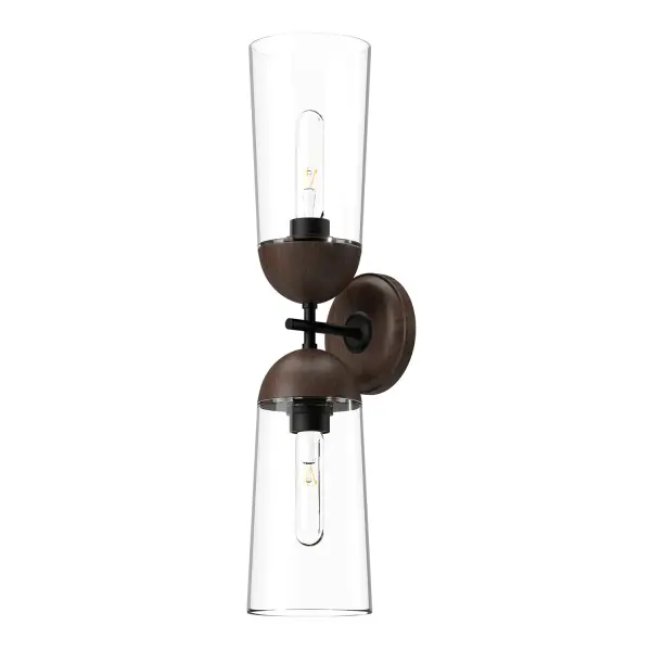 The Emil vanity light combines natural walnut wood with aged gold metallic detailing for a stunning organic aesthetic. Its compact 5-inch size and versatile mounting options make it perfect for bathrooms and hallways. - alternate view