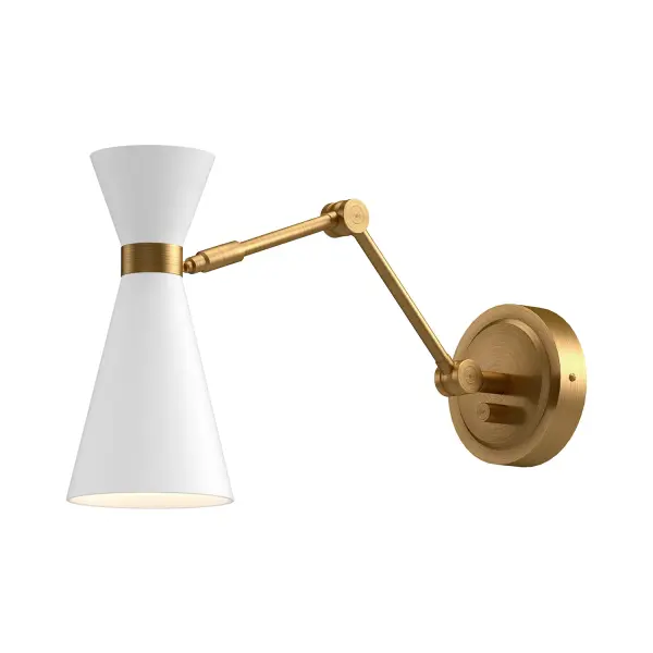 The Blake wall/vanity light brings Art Deco glamour to modern spaces with its distinctive bowtie-inspired geometric shade. The striking combination of Aged Gold accents against Matte Black creates visual interest perfect for bathrooms and entryways. - alternate view