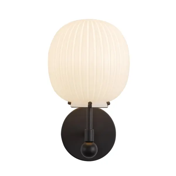 The Cherise vanity light brings 1920s candy shop nostalgia to your bathroom with bonbon-shaped ribbed opal glass shades. Its matte black finish and Art Deco styling create a sophisticated vintage look while providing soft, flattering illumination. - alternate view