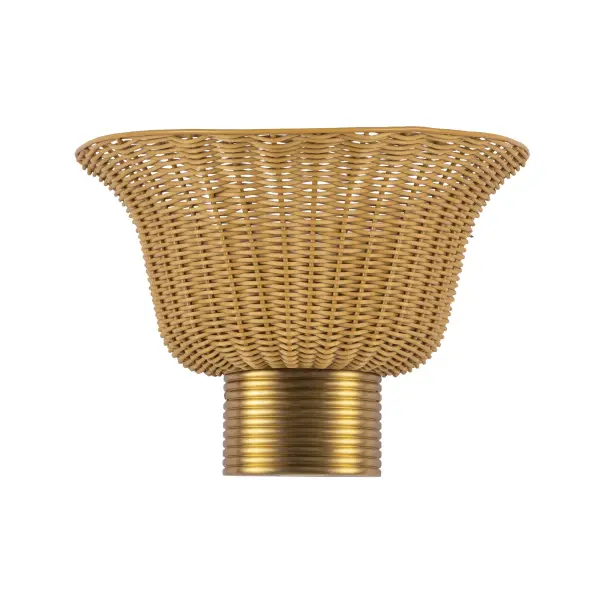 The Rancho sconce beautifully combines organic natural rattan with refined brushed gold metal accents, creating a versatile fixture that bridges coastal, modern, and traditional design aesthetics with textural sophistication.