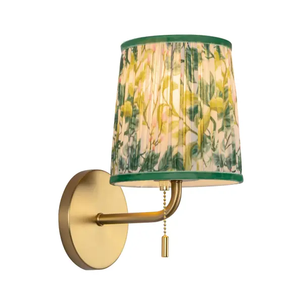 The Scout Wall Sconce combines traditional charm with modern functionality, featuring a distinctive pleated blue linen shade and whimsical matte black metalwork. The convenient pulley switch makes it ideal for bedside use. - alternate view