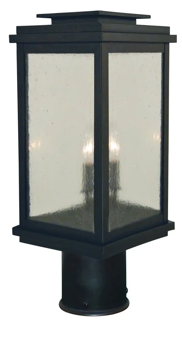 The Bournemouth post mount combines traditional craftsmanship with durable outdoor construction. Its 8-inch width and clear seedy glass create warm, inviting illumination perfect for pathways and entryways.