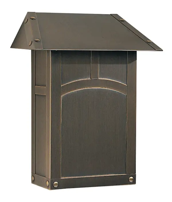 The Evergreen mailbox combines functional mail storage with ambient outdoor lighting in a classic Craftsman design. Features antique brass finish and compact vertical orientation for traditional home exteriors.