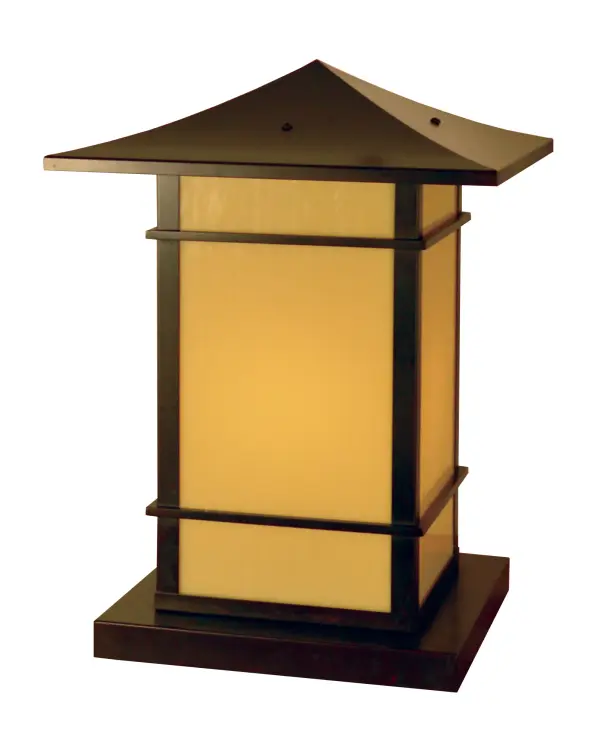 The Katsura column mount combines artisan craftsmanship with functional outdoor lighting. Featuring a decorative Toshi overlay and cream glass, this 12" fixture delivers warm ambient light with architectural character.
