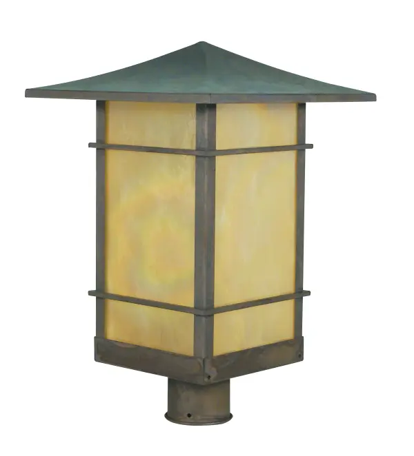 The Katsura post mount combines Mission-style craftsmanship with iridescent glass panels and a distinctive Toshi overlay. Its weathered verdigris patina finish adds character to outdoor spaces while providing reliable illumination.