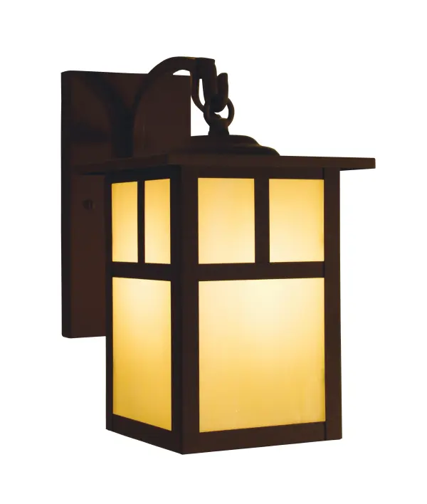 This handcrafted wall sconce embodies classic Mission/Craftsman design with its distinctive T-bar overlay and rustic brown finish. The 6-inch width makes it ideal for smaller spaces while the off-white glass provides warm, diffused lighting.