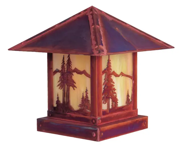 The Timber Ridge column mount combines rustic craftsmanship with functional outdoor lighting. Featuring intricate mountain filigree overlay and warm copper finish, this fixture adds character to entryways and pathways.